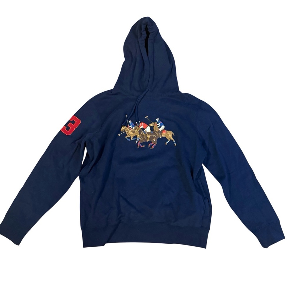 Polo Ralph Lauren Men's L Embroidered Triple Pony Navy Blue Fleece Hoodie NWT